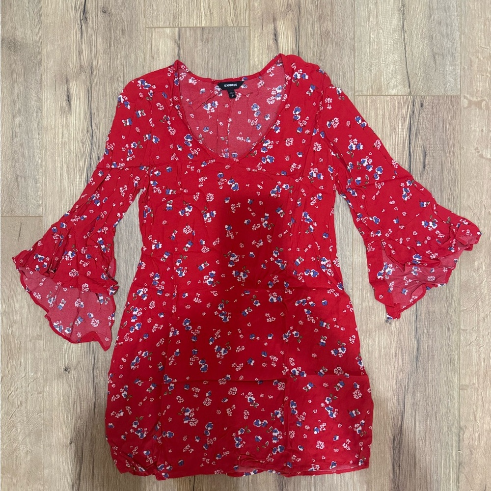 Express Red Floral Dress with Bell Sleeves
